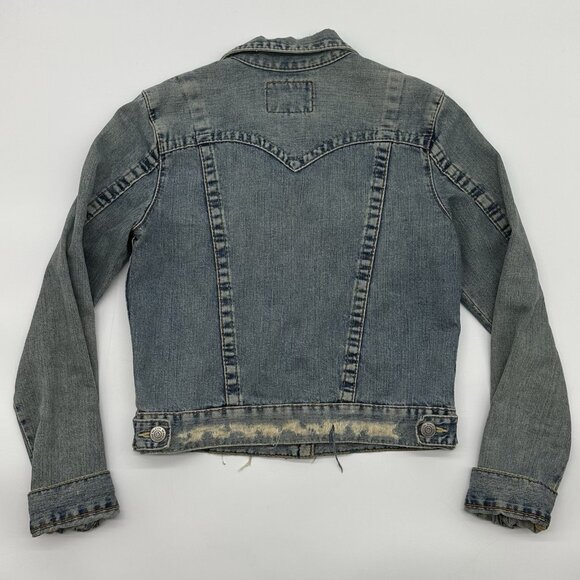 True Religion Jimmy Women's Size Large Light Wash Distressed Denim Jean Jacket - Picture 7 of 10